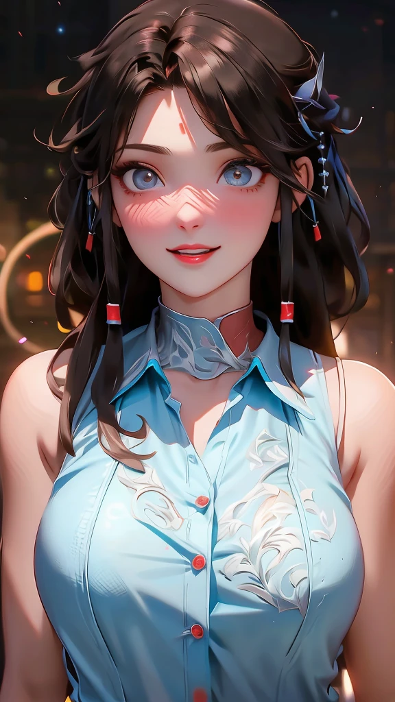 （超HD、retina、masterpiece、precise、anatomically correct、textured skin、Super details、high detail、high quality、best quality、high resolution、1080P、HD、4K、8k、16k）、（beautiful_detailed_eyes、beautiful_detailed_lips、extreme_detailed_eyes_and_face）、soft_lighting、physical-based_rendering、vivid_colors、 (large_breasts:1.5)、(shiny_hair、shiny_skin、tanned_skin、blush)、(bangs:1.5)、eye_reflection、(bokeh)、smile_and_laugh、(sleeveless_business_shirt:1.5)、start from below，black hair，black hair，brown eyes，Nice hairstyle