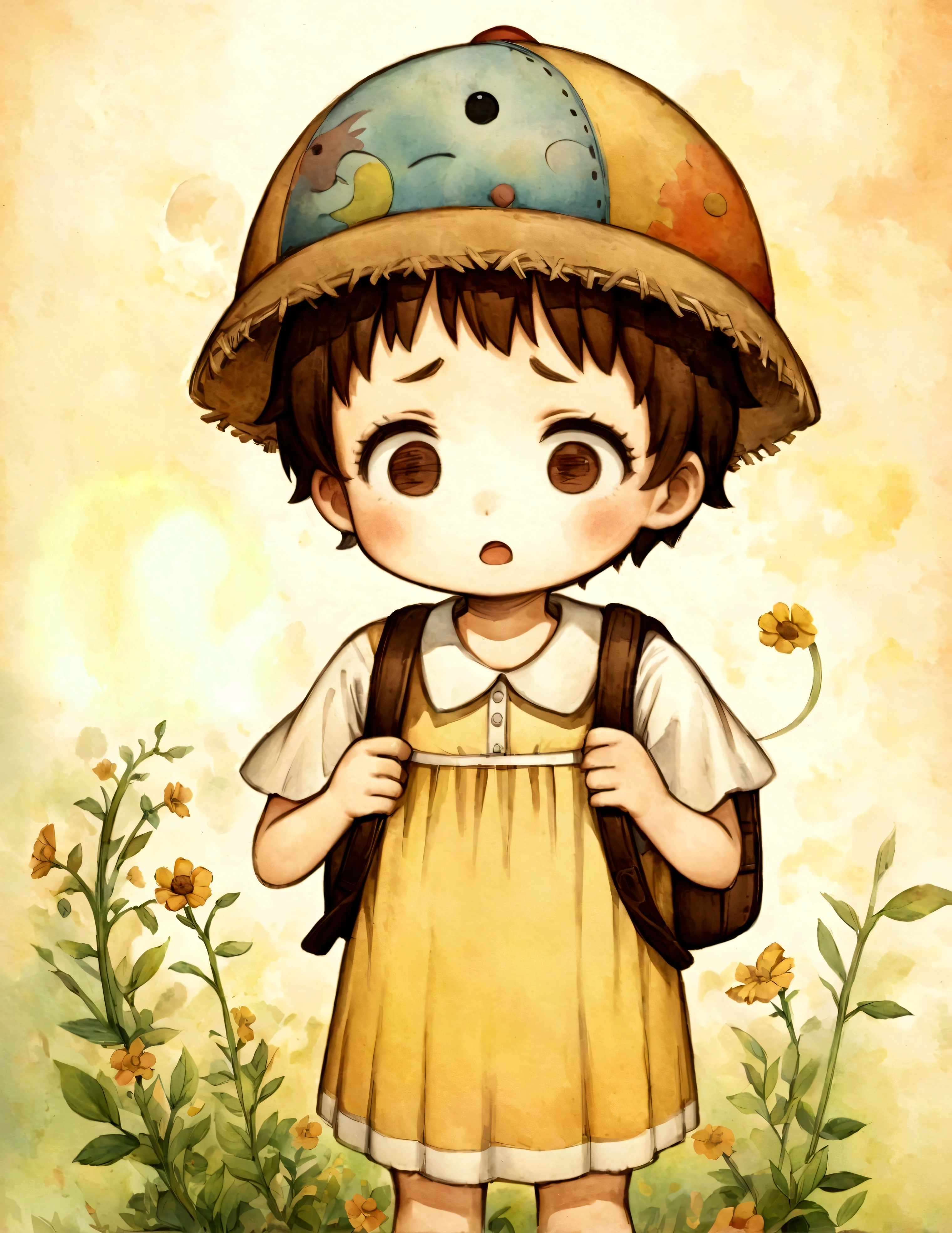 Fixes,An illustration,(Draw the children with surprised expressions),(Children with open mouths and disappointed expressions),lowered eyebrows,children are wearing summer clothes,(The background is the garden of a house in town),This is a scene where the planned outing that I was looking forward to was cancelled.,The children are looking at me with puzzled expressions.,BREAK,children are carrying backpacks,straw hat,The children are dressed as if they are going on a field trip.,BREAK,cute illustration,surreal,artwork,Expressively,This is an illustration that looks like a picture book illustration.,draw with thick lines,Please draw with a gentle touch,Draw with pencil and watercolors,Gabriel Pacheco Style page,anatomically correct,perfect anatomy,structurally correct,Optimal Configuration,Draw carefully to the details