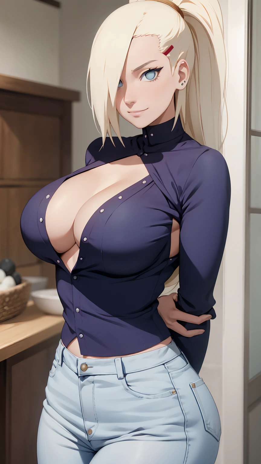 Ino yamanaka， snowing， sat，Cleavage，smil，Be red in the face，inside the room，Close-up Close-up，with a good figure,mid large breasts,The breasts fall out immediately,clenched breasts,someone, open white shirt,Blaue skinny Jeans,both arms behind the back,nipple peeks out, full body 