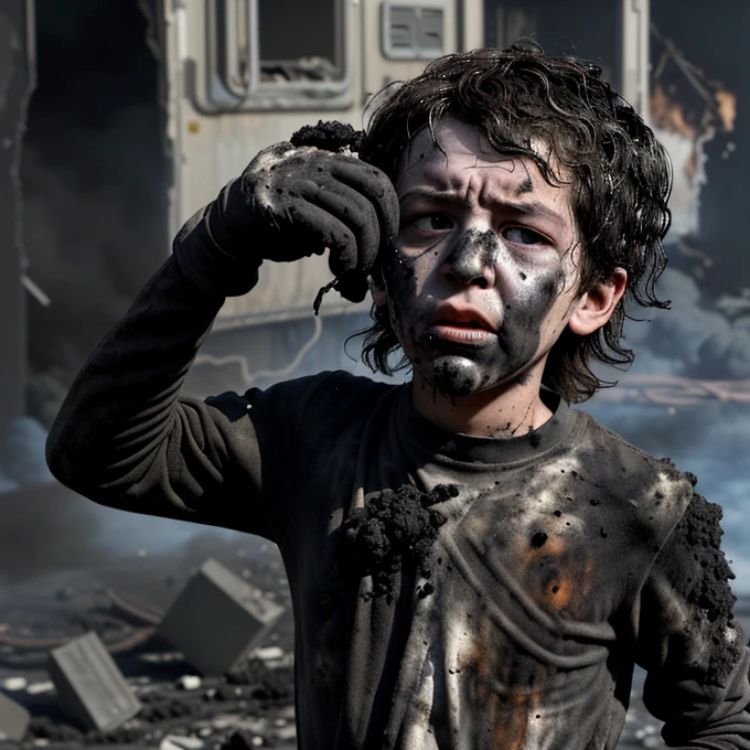 A boy covered in soot is caught in the explosion while confused after receiving a bomb