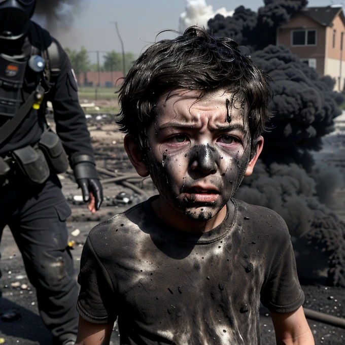 A boy covered in soot is caught in the explosion while confused after receiving a bomb