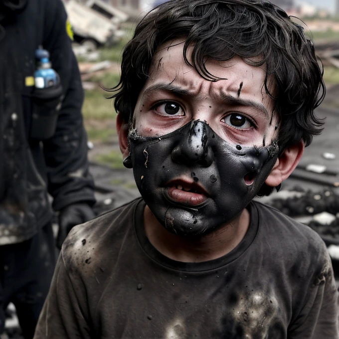 A boy covered in soot is caught in the explosion while confused after receiving a bomb
