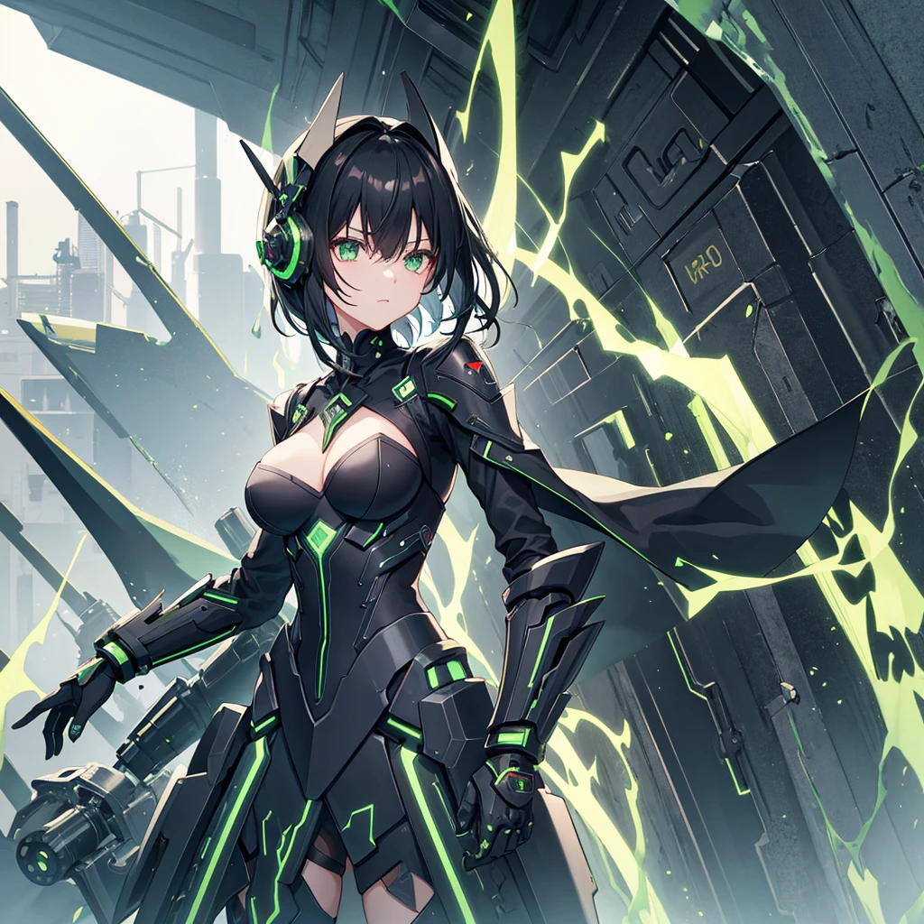 Black and green machina girl, large gauntlets, thunder, short black hair, back reactor