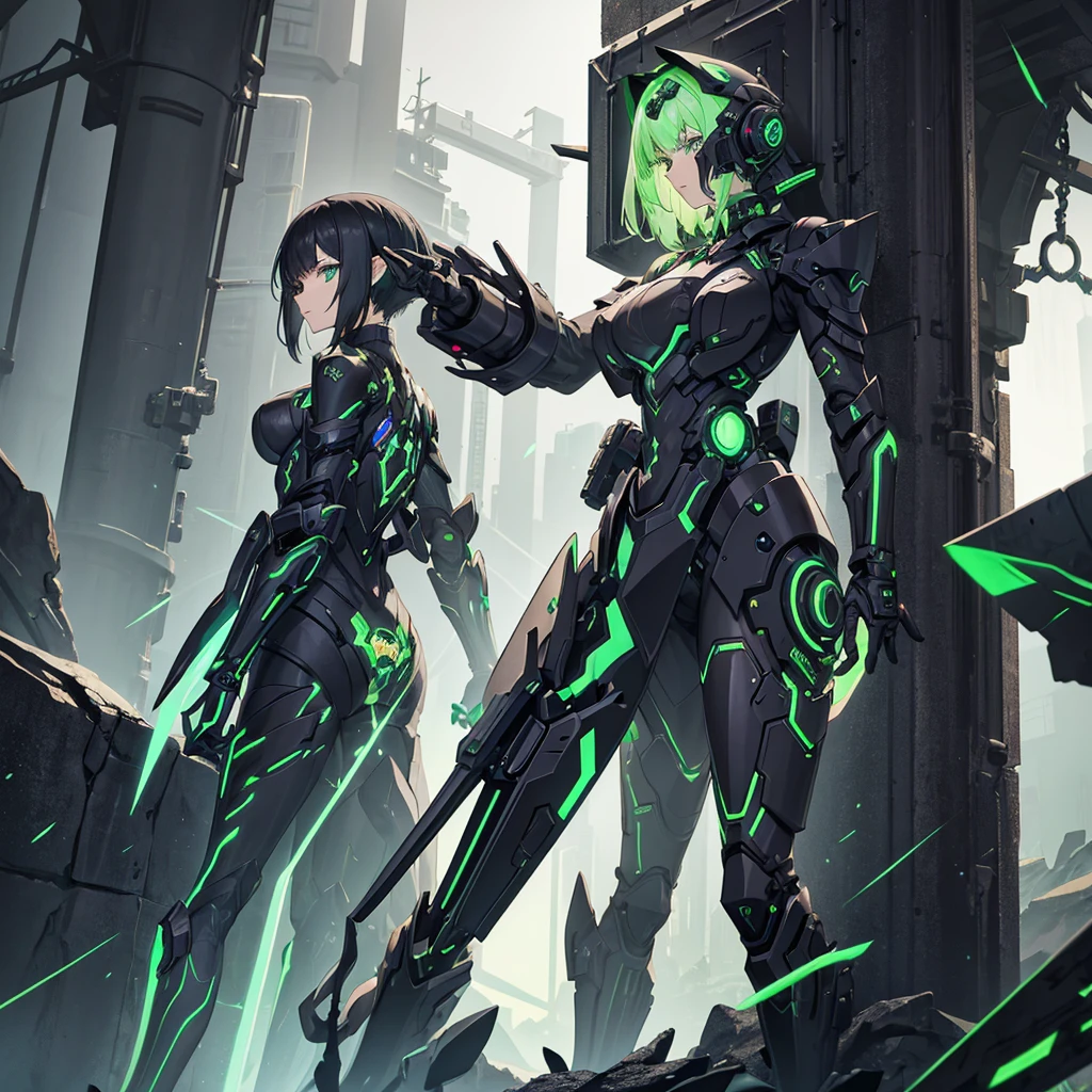 Black and green machina girl, large gauntlets, thunder, short black hair, back reactor
