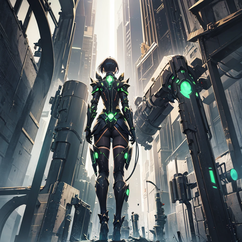 Black and green machina girl, large gauntlets, thunder, short black hair, back reactor