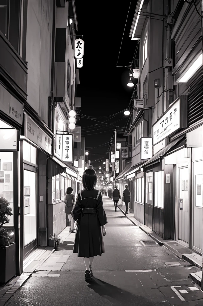 (best quality) (black and white), Downtown at night, street photography, Japan.