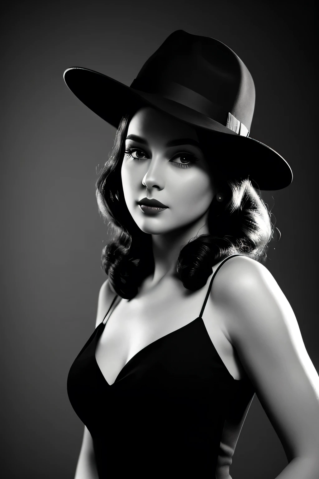 (beautiful woman),[film noir], [full-body shot], [black and white photo], [vintage], [fedora hat],[chiaroscuro lighting], [thriller], (beautiful perfect face),[detailed],[perfect human anatomy],[professional photography],[posing],[cinematic],[40s],[very old elegant clothes]