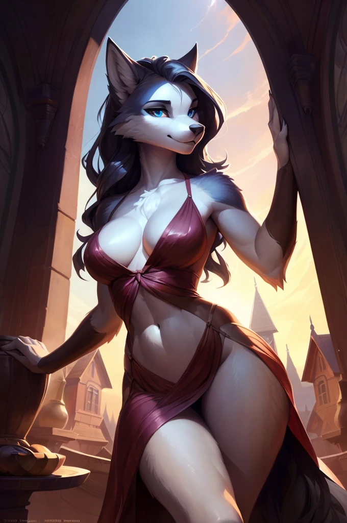 Loona the wolf girl, uploaded on e621, by Pixelsketcher, by Bayard Wu, by Thomas Benjamin Kennington , by Einshelm, solo anthro, (( Portrait)), BREAK, ((Wear a transparent dress)), ((mouth open)), (detailed Bonifasko lighting), natural goddess, (Detailed fur), (detailed skin), BREAK, (hands on the waist), ((facing viewer with legs spread)), (Cinematic lighting), ((Detailed background)), (half body shadow), [Backlighting], [crepuscular ray], [Detailed ambient light], [gray natural lighting], [ambient light on the belly], (higher wildlife feral detail), [explict content], [sharp-focus], (Questionable content), (shaded), ((Masterpiece), long wavy hair, big hips, Average Breasts, pectorals, Fluffy wolf, Wavethesallow Face, furry fantasy art, anthro art, commission for high res, Furry art, pov furry art, Sakimichan is beautiful, Masterpiece, Best Quality, Detailed image, Bright colors, Detailed Face, perfect  lighting, Perfect shadows, Perfect eyes, focus on girl, flawless face, gorgeous body, Hourglass body, shiny body, legs focus, Ears last year, wolf Girl, Fluffy, fluffy woman, Body fur, Animal nose, muzzle, two-toned fur, gaze at the viewer, half closed eyes, 1girl, full - body, (Masterpiece:1.21), (Best Quality:1.2), (illustartion:1.2), (Cinematic lighting:1.3), Detailed fur, Balanced colouring, Global Illumination, Ray Tracing, good lighting, wolf, Furry, anthro,big butt, Showing breasts, cleavage, attractive body, sexy body, looking a viewer, seductive gaze, thick-thighs, fit body, (offering pose, open legs pose, village, exposed belly, red dress