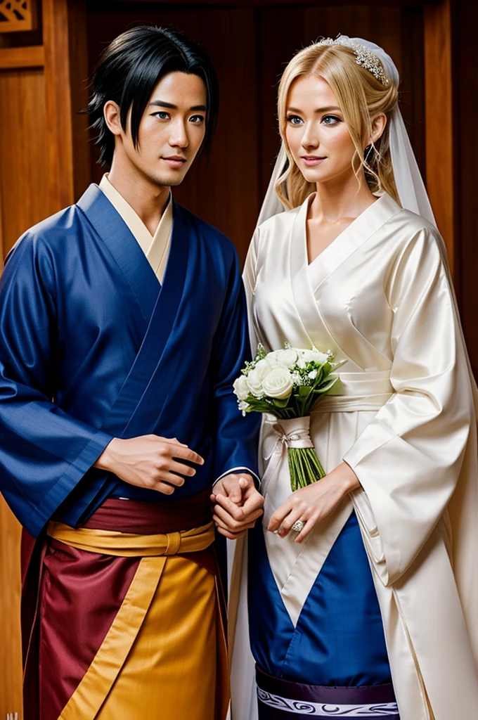 Create a wooden image Uchiha getting married that a blonde woman with blue eyes at the wedding there will be several characters from Naruto and the wedding is traditional Japanese