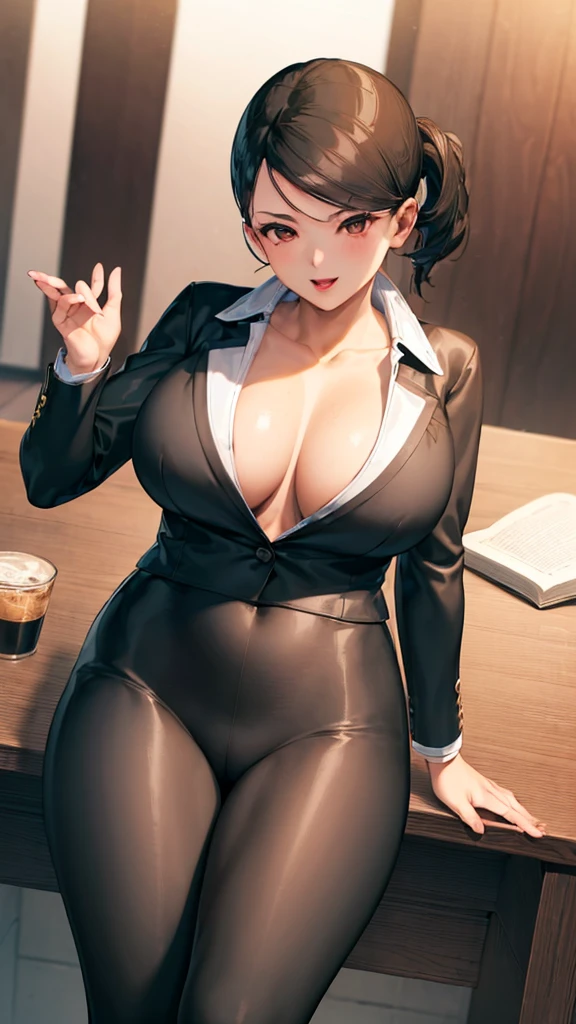 (((1girl))), ((Anime style)), (8k quality, ultra-detailed),portrait, (HDR,UHD),vivid colors,(studio lighting:1.1), Anime girl with black hair, brown eyes, red lip stick, black suit with white collared-shirt, black pants, ((THICK)), MILF, ((big breasts)), wide hips, thick waist, seductive smile.