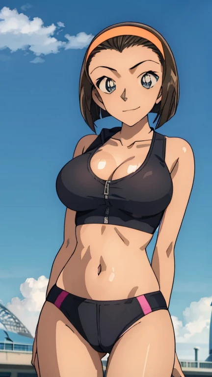 Looking into the camera、When I Look at You、lookatviewer、Anime Style、Eroge、1 girl, (Huge long breasts:1.2), (Black sports bra、Cleavage:1.2,Tight sports bottoms)、Low - Angle、Brown haired, hair band、ショート Bob Hair、The forehead is visible、smile,Round Breasts、women