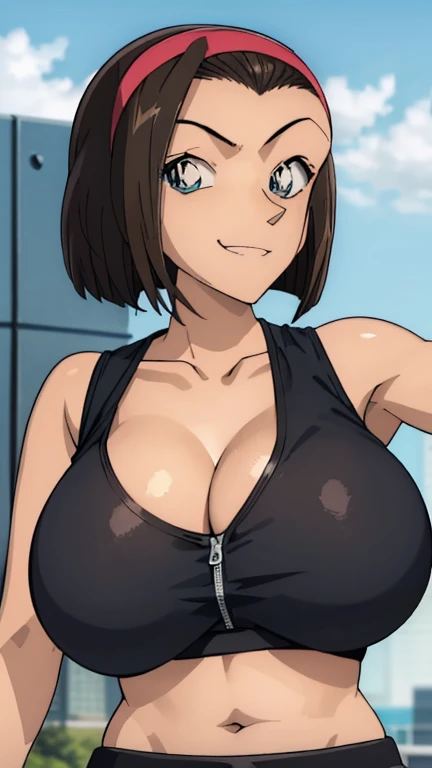 Looking into the camera、When I Look at You、lookatviewer、Anime Style、Eroge、1 girl, (Huge long breasts:1.2), (Black sports bra、Cleavage:1.2,Tight sports bottoms)、Low - Angle、Brown haired, hair band、ショート Bob Hair、The forehead is visible、smile,Round Breasts、women