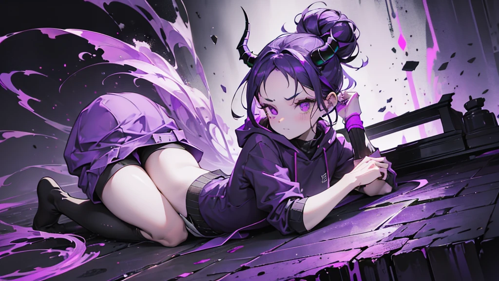 boy. thoughtful look. open forehead. black and purple hair tied in a bun on the left side to one side. sinuous black horns wrapped in dark purple ribbon. pale violet eyes. in short dark purple shorts. long white T-shirt. dark purple knee-high socks. dark_purple long coat with hood. древние dark_purple stone walls purple light from lamps on an old piano