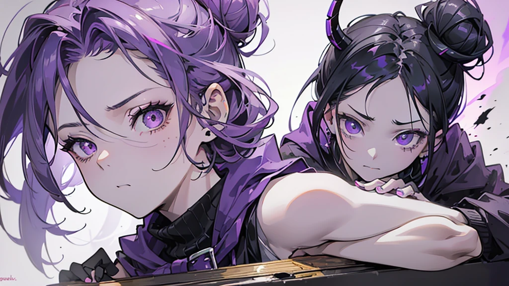 boy. thoughtful look. open forehead. black and purple hair tied in a bun on the left side to one side. sinuous black horns wrapped in dark purple ribbon. pale violet eyes. in short dark purple shorts. long white T-shirt. dark purple knee-high socks. dark_purple long coat with hood. древние dark_purple stone walls purple light from lamps on an old piano