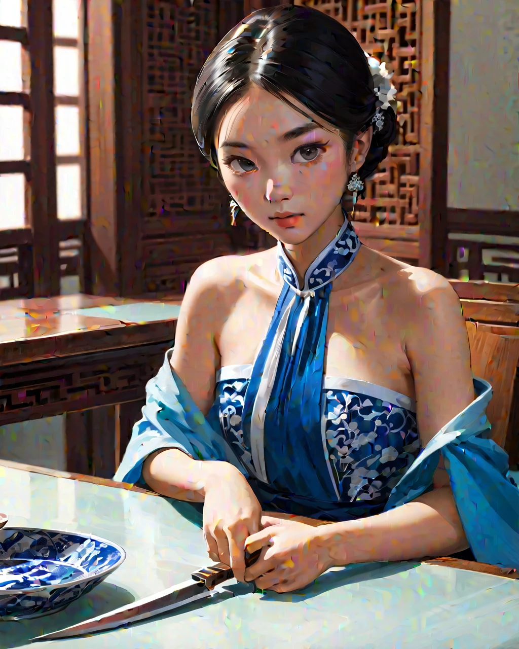 elegant asian woman, closeup, sitting at a table, waring a white and blue dress, holding a knife sideways, arms leaning on the table, looking at the camera