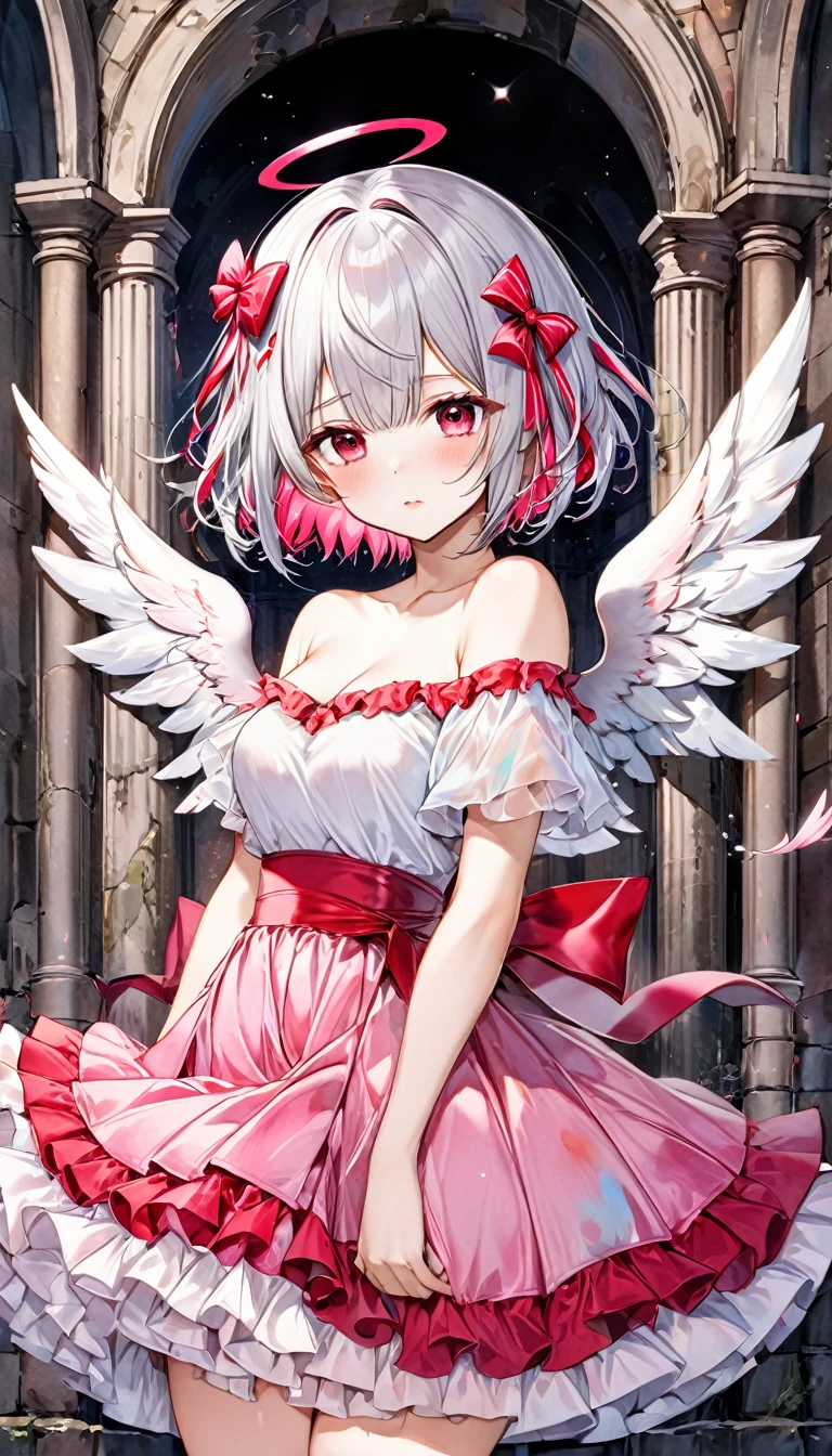 fusion of watercolors and oil paintings, best quality, super fine, 16k, incredibly absurdres, extremely detailed, 2.5D, delicate and dynamic depiction, cute woman, silver bob cut, three ahoge, white and pink long ruffle skirt princess dress, big red ribbon on chest, angel wings, amorous and lewd expression, make-up, prime lenses, lens filters, clear subject, soft pastel color image effects, background ruins
