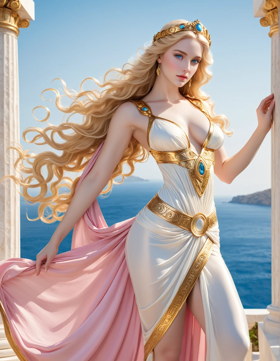 Greek goddess Aphrodite, White skin, alabaster skin, long golden locks, ocean blue eyes, pink and gold silky garment, soft body, hourglass figure, big breasts, thin waist, fit. (front view, facial focus, beautiful face)