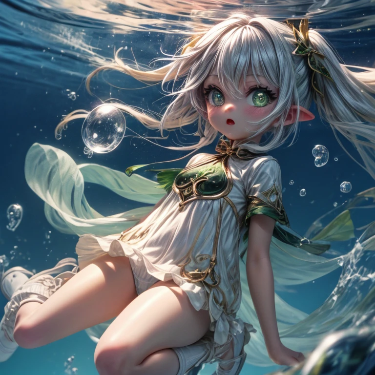 official art, extremely detailed CG unity 8k wallpaper, in winter, , kawaii, white hair, very short hair, light blush, cute face, heterochromia, blowing in the wind, wide open eyes in surprise, yell out in surprise, A lot of small bubbles, depth of fields, (((full body))), Looking up from back, focus on the lower abdomen, underwater, in a cave filled with water, Look away, look up at the sky, bend knee, bend elbow, Dutch Angle, god rays, masterpiece, best quality