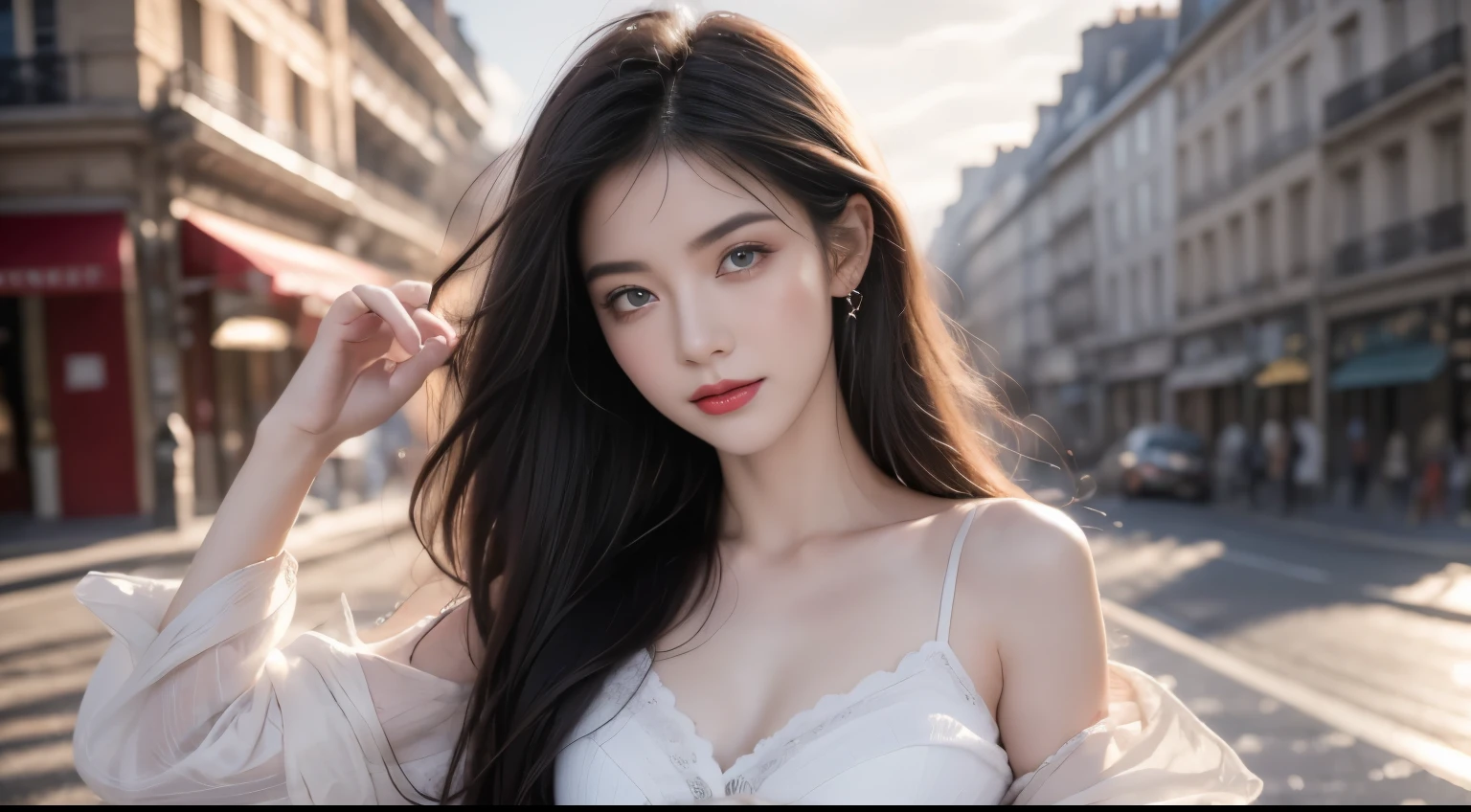 Black Hair, Hair shaking, victory, Long eyelashes, Solid round eye, A faint smile, ears red, direction, precise, Surrealism, shadow, Relief, Stereogram, Standing picture, Ass PoV, Atmospheric perspective, 8K, Super Detail, best quality, best quality, High Detail, Anatomically correct, Ultra HD, Retina, high quality, high resolution, Textured Skin, masterpiece, aprecise, Super Detail, The award-winning,Paris , Storm scene, Edwardian Women in White, watercolor