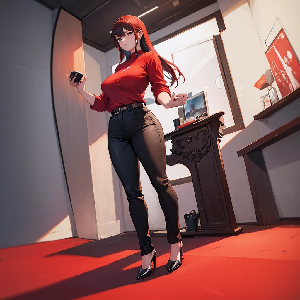 high quality，Red shirt，Black trousers，Heel，Big Breasts