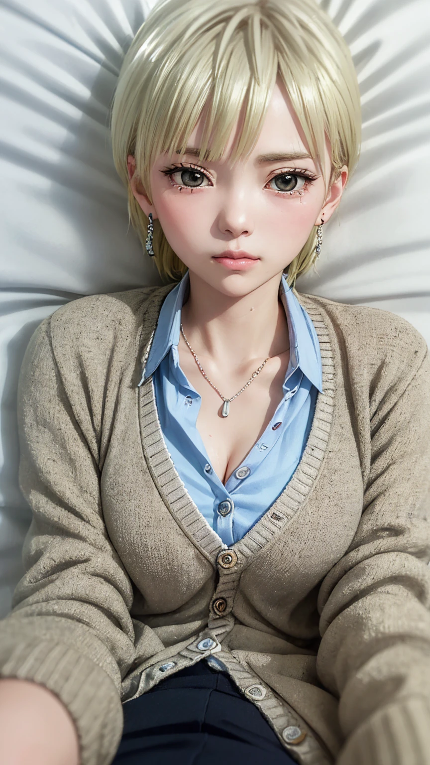 (masterpiece: 1.3), (Maximum resolution: 1.2), (Ultra HD TV: 1.2), Cinematic Light, 8K resolution, Detailed facial features , (Sharp focus: 1.2）, (Shoot the whole body with a focus on the face),Perfect Style, Beautiful Face, Acura, Anatomically correct, Highly detailed face and skin quality感, Beautiful Eyes,ThroughｋBright Eyes,  Natural Cheeks, Glowing Skin,  (Glossy Lips: 1.4),、 (A shameful expression: 1.2),Highly detailed face and skin quality, Natural Cheeks, , Glossy Lips,Exposed cleavage、（White mucus on chest:1.6）（White mucus on thighs:1.6）、 blush、Humiliating、shame、Please open your knees、dissatisfaction、anger、tears、sorrow、Glaring at the camera、Spread your legs、Sparkly little earrings and necklace、Disheveled clothes、Exposed panties、stockings、Drenched in sweat、Thin underwear、Wet underwear、stockings 、Long Hair、32 years old, Clean woman,1 person、 first class cabin、On the bed(On my back, Lying down in bed, Lying down in bedいる, Lying down, White sheets:1.3)、blonde、Silver Hair、Blue-gray eyes、Green-gray eyes,(V-neck shirt and cardigan:1.4)、scarf、dissatisfaction、Masturbate、Nipple exposure、Soft Breasts、