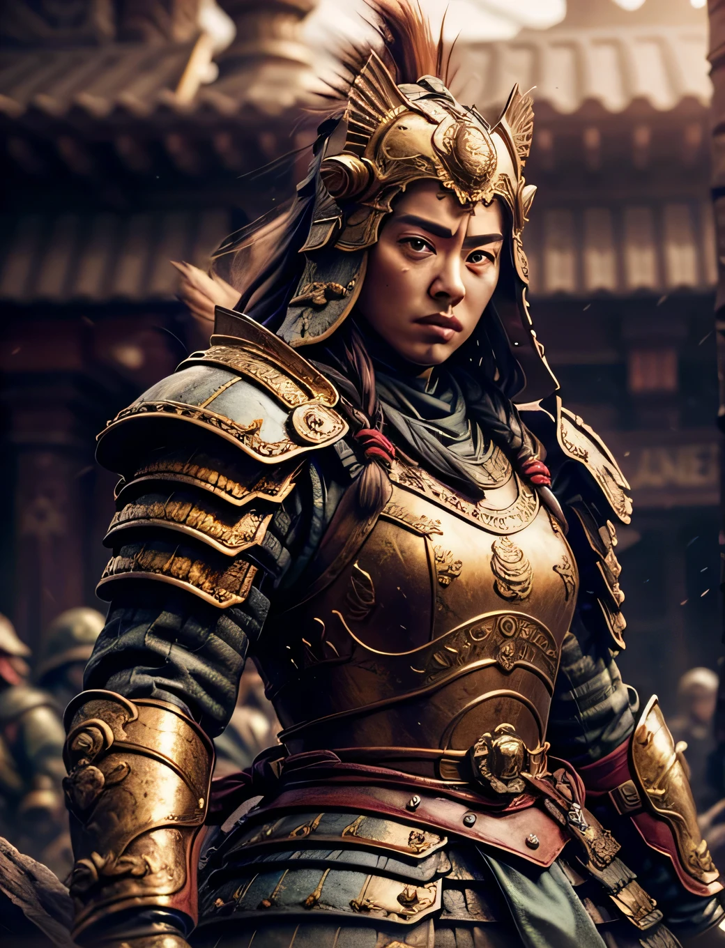 photorealistic, high quality, highres, extremely detail, dramatic lighting, 1girl, female, dutch braid, cleavage armor, waist robe, war background, eaba