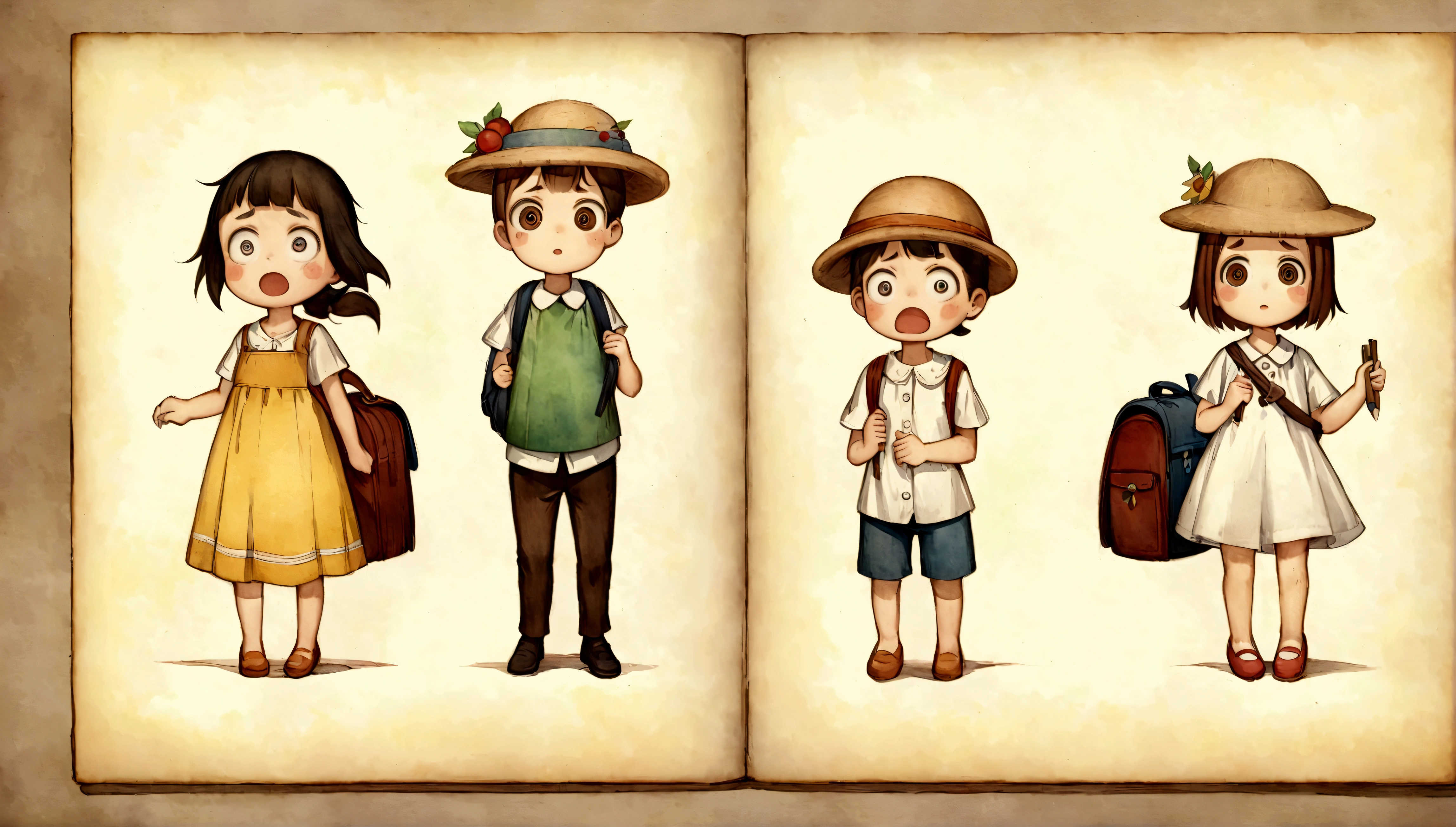 An illustration,(Draw the children with surprised expressions),(Children with open mouths and disappointed expressions),lowered eyebrows,children are wearing summer clothes,(The background is the garden of a house in town),This is a scene where the planned outing that I was looking forward to was cancelled.,The children are looking at me with puzzled expressions.,BREAK,children are carrying backpacks,straw hat,The children are dressed as if they are going on a field trip.,BREAK,cute illustration,surreal,artwork,Expressively,This is an illustration that looks like a picture book illustration.,draw with thick lines,Please draw with a gentle touch,Draw with pencil and watercolors,Gabriel Pacheco Style page,anatomically correct,perfect anatomy,structurally correct,Optimal configuration,Draw carefully to the details