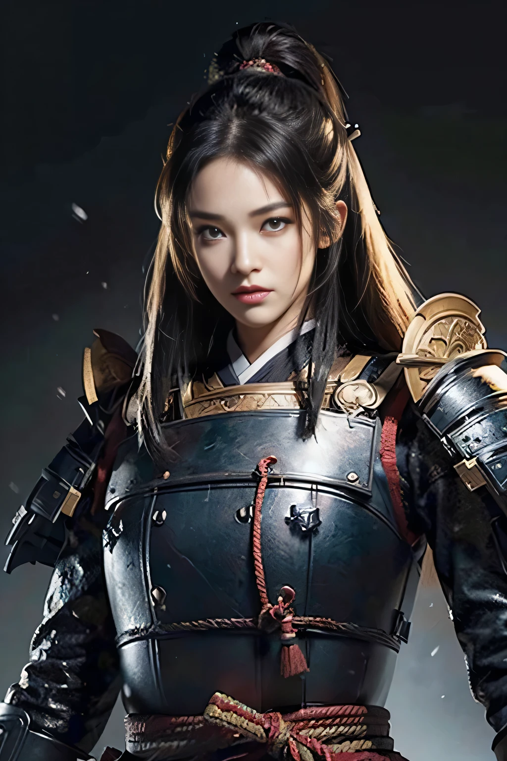 (8K, highest quality, masterpiece:1.2), (realistic:1.4), Raw photo, highest quality, ultra high resolution, best shadow, (full body:1), historical heroine, Japanese armor, samurai sword, large scale amazing environment, horror, dark horror, highly detailed facial features, beautiful and perfect face, perfect eyes