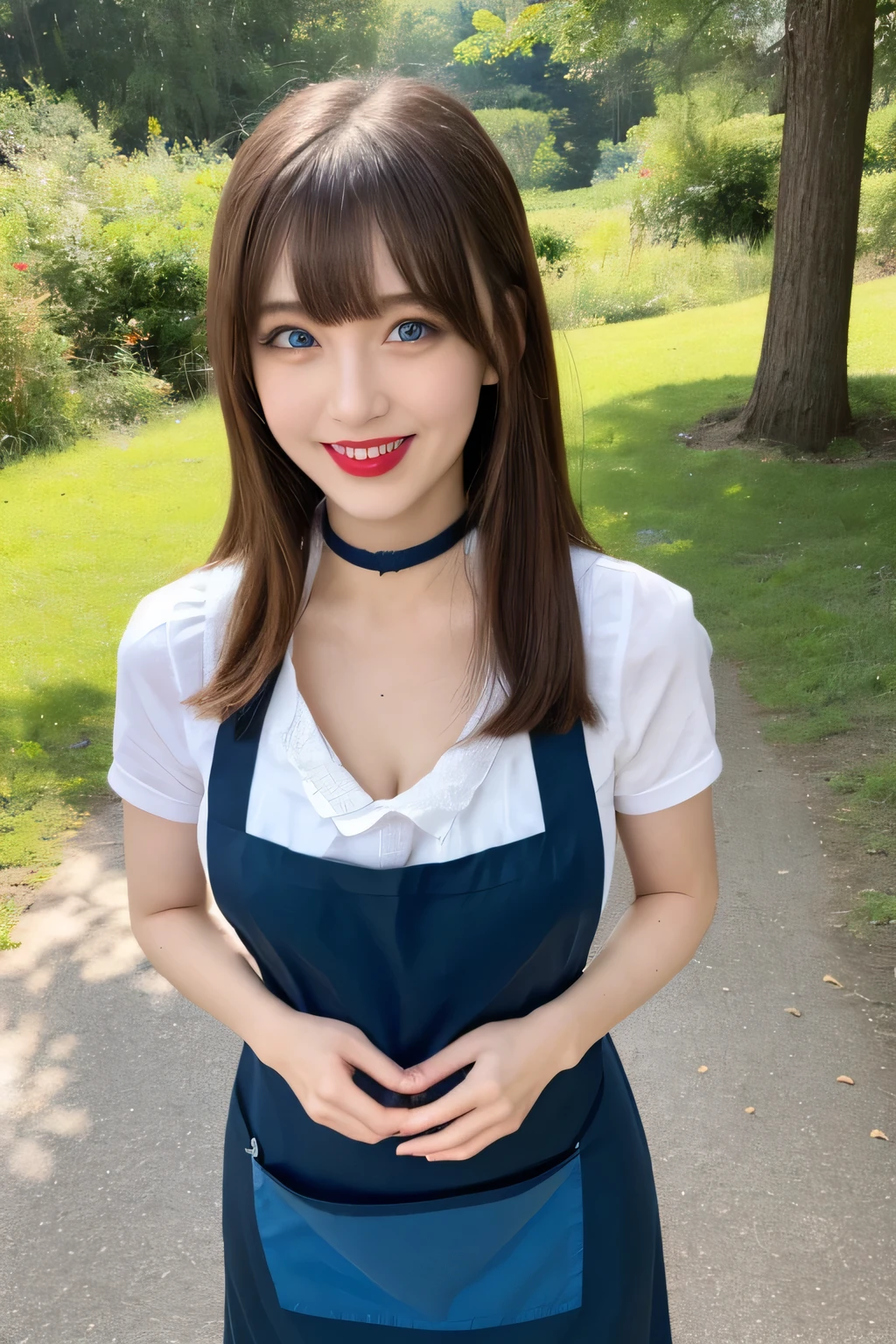 (Highest quality, masterpiece:1.3, Ultra-high resolution), (Very detailed), (Realistic:1.4, RAW shooting), ((apron:1.2)), ((the body is slim)), girl, Japanese, cute, Straight Long Hair, Big Breasts, Turn your body forward, (View from the front:1.1), Looking into the camera, focused on the chest, Light brown hair, ((Black Choker)), Very long and bushy eyelashes, blue eyes, bangs、 ((Wicked Smile))、blue sky、camp, ((Full body portrait)),Bright red lipstick、Slim face、The body is slim、Very large breasts