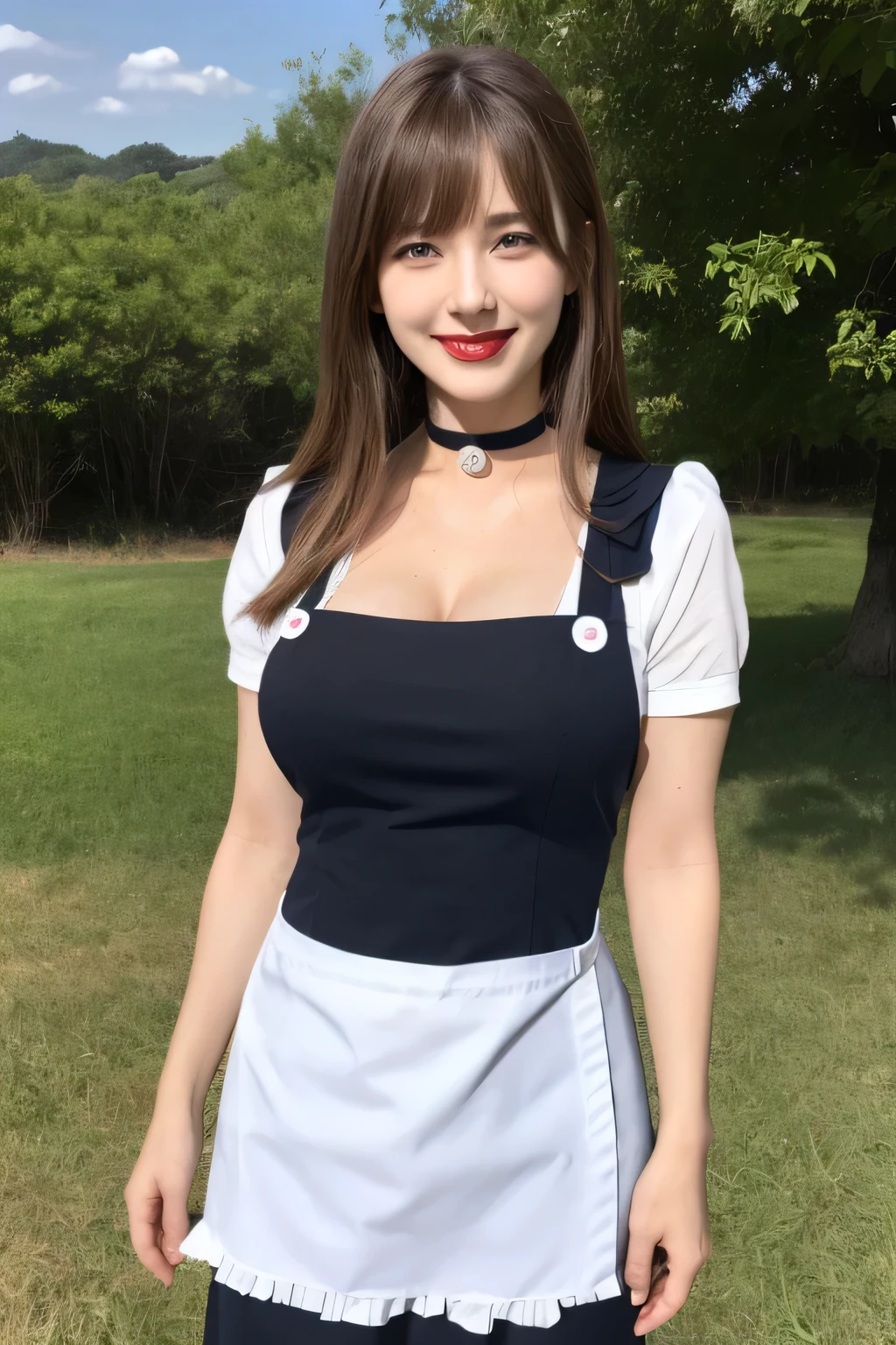 (Highest quality, masterpiece:1.3, Ultra-high resolution), (Very detailed), (Realistic:1.4, RAW shooting), ((apron:1.2)), ((the body is slim)), girl, Japanese, cute, Straight Long Hair, Big Breasts, Turn your body forward, (View from the front:1.1), Looking into the camera, focused on the chest, Light brown hair, ((Black Choker)), Very long and bushy eyelashes, blue eyes, bangs、 ((Wicked Smile))、blue sky、camp, ((Full body portrait)),Bright red lipstick、Slim face、The body is slim、Very large breasts