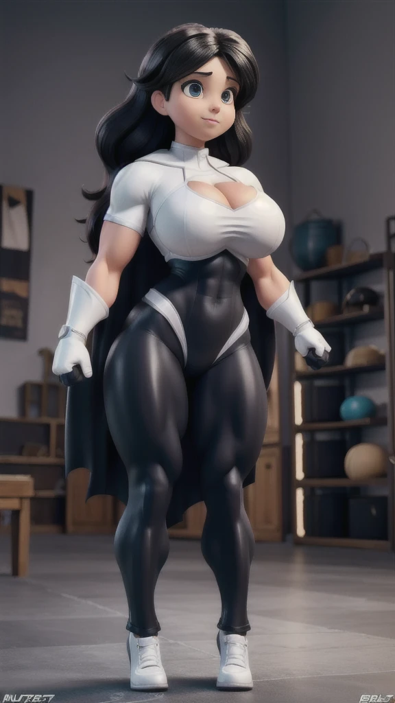 Busty cute italian girl (Joana Beltraz), enormous breasts volume, (muscle strong arms and abs and legs), tight superheroine black costume, white cape