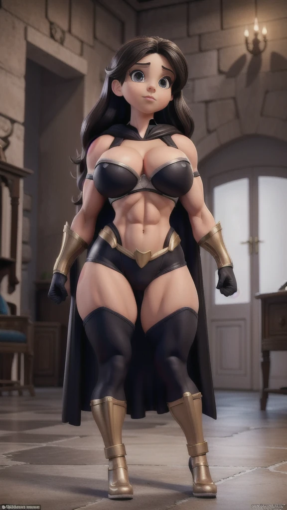 light skinned black woman, bodybuilder, batman outfit, red and blue, black cape, high heels, knee high boots, (((full body shots)))