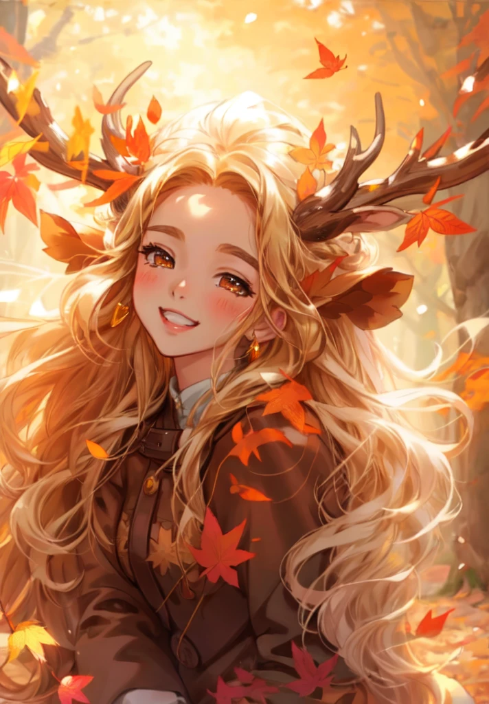 a ((brown skin)) young woman with long blonde hair and a deer antlers on her head, in a forest, ๐ cute, ๐ cute, smiling , happy,cute, open eye,gold eyes eyes,,beautiful autumn spirit, goddess of autumn, style artgerm, seasons!! : ๐ธ โ ๐ โ, orange and brown leaves for hair, artgerm and rossdraws, anime girl with long hair, extremely detailed artgerm, artgerm and atey ghailan
