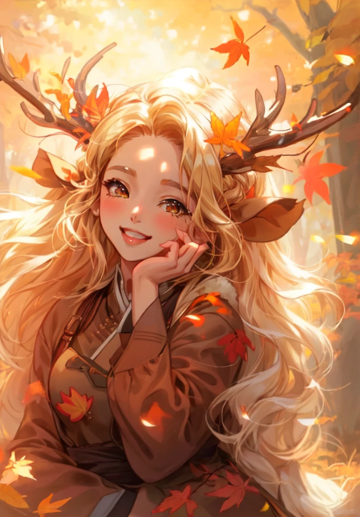 a ((brown skin)) young woman with long blonde hair and a deer antlers on her head, in a forest, 🍁 cute, 🍂 cute, smiling , happy,cute, open eye,gold eyes eyes,,beautiful autumn spirit, goddess of autumn, style artgerm, seasons!! : 🌸 ☀ 🍂 ❄, orange and brown leaves for hair, artgerm and rossdraws, anime girl with long hair, extremely detailed artgerm, artgerm and atey ghailan