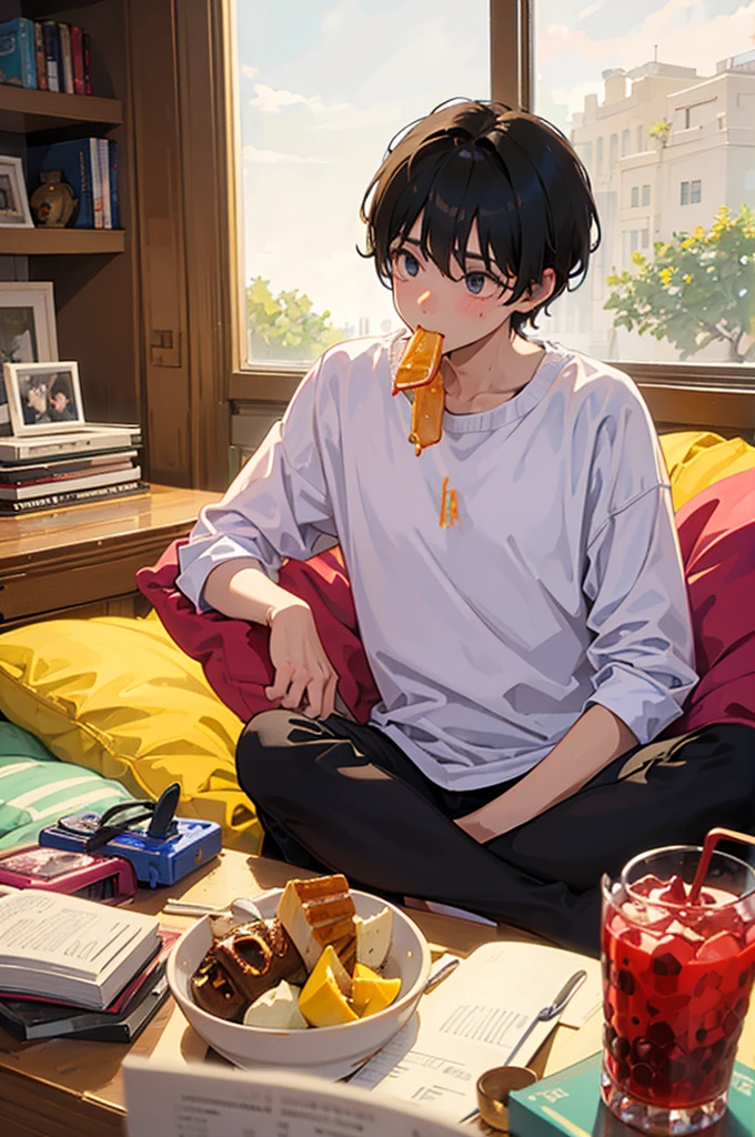 A cute boy studying in his room while eating sweets