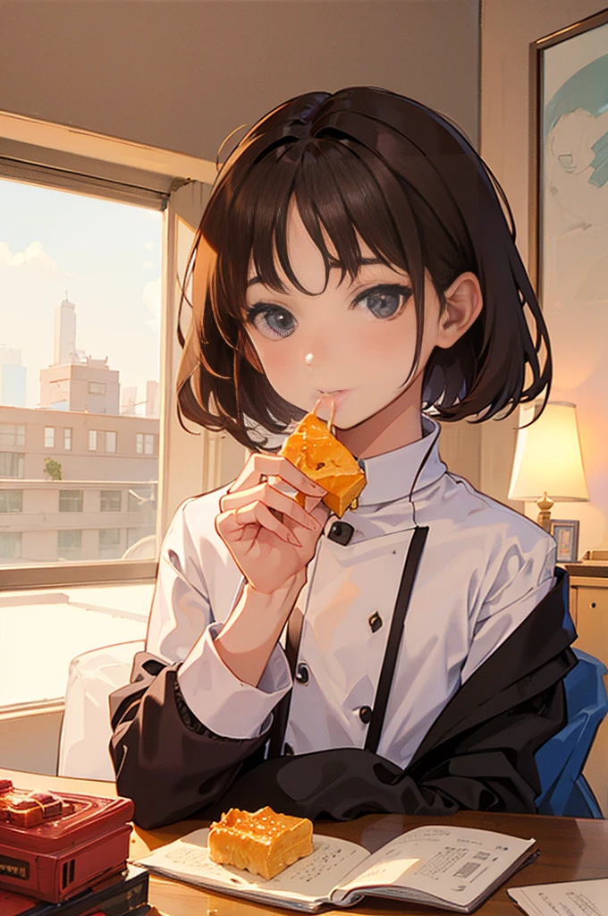 A cute boy studying in his room while eating sweets