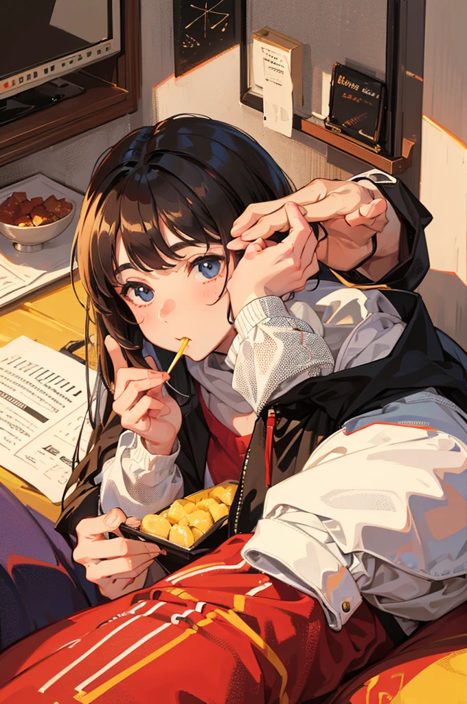 A cute boy studying in his room while eating sweets