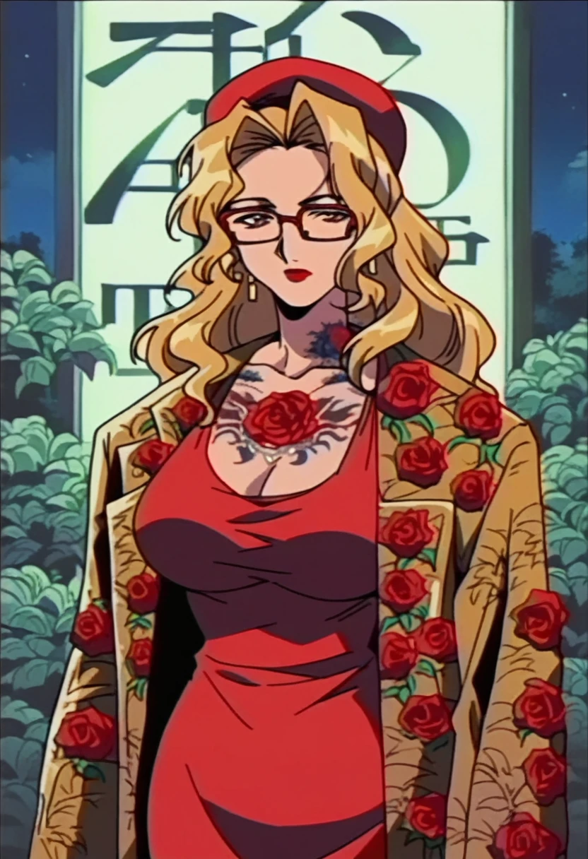 beautyful mature woman, Shion Karanomori based, blonde wavy hair, encorped body, golden fur coat jacket, red dress, red glasses, red liptcik, golden big chocker, golden stone big necklaces, roses tattoo, big red hat, night, red neon light, milf