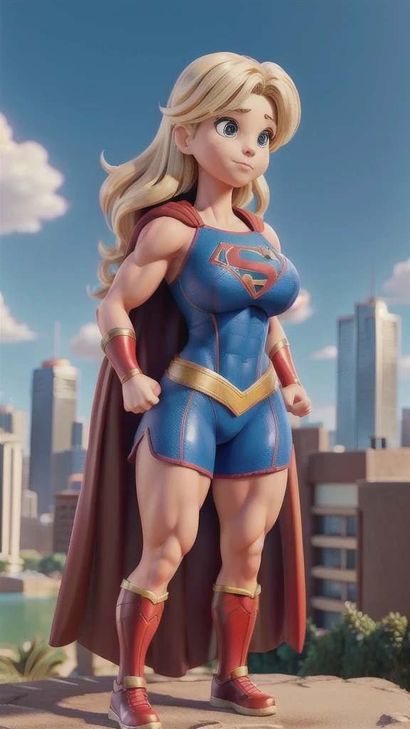 Busty cute girl, enormous breasts volume, (muscle strong arms and abs and legs), tight supergirl costume and cape, city background
