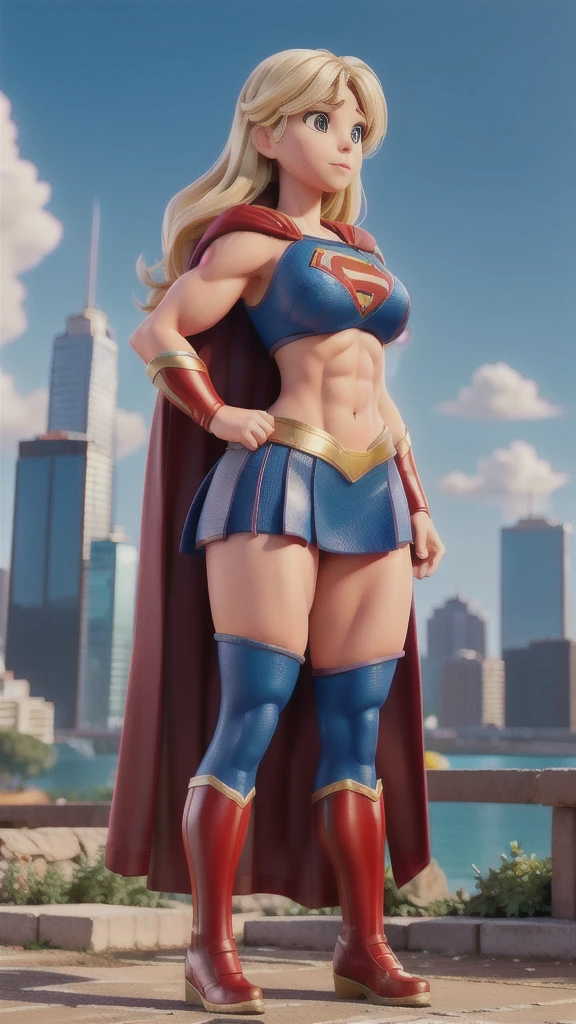 Busty cute girl, enormous breasts volume, (muscle strong arms and abs and legs), tight supergirl costume and cape, city background