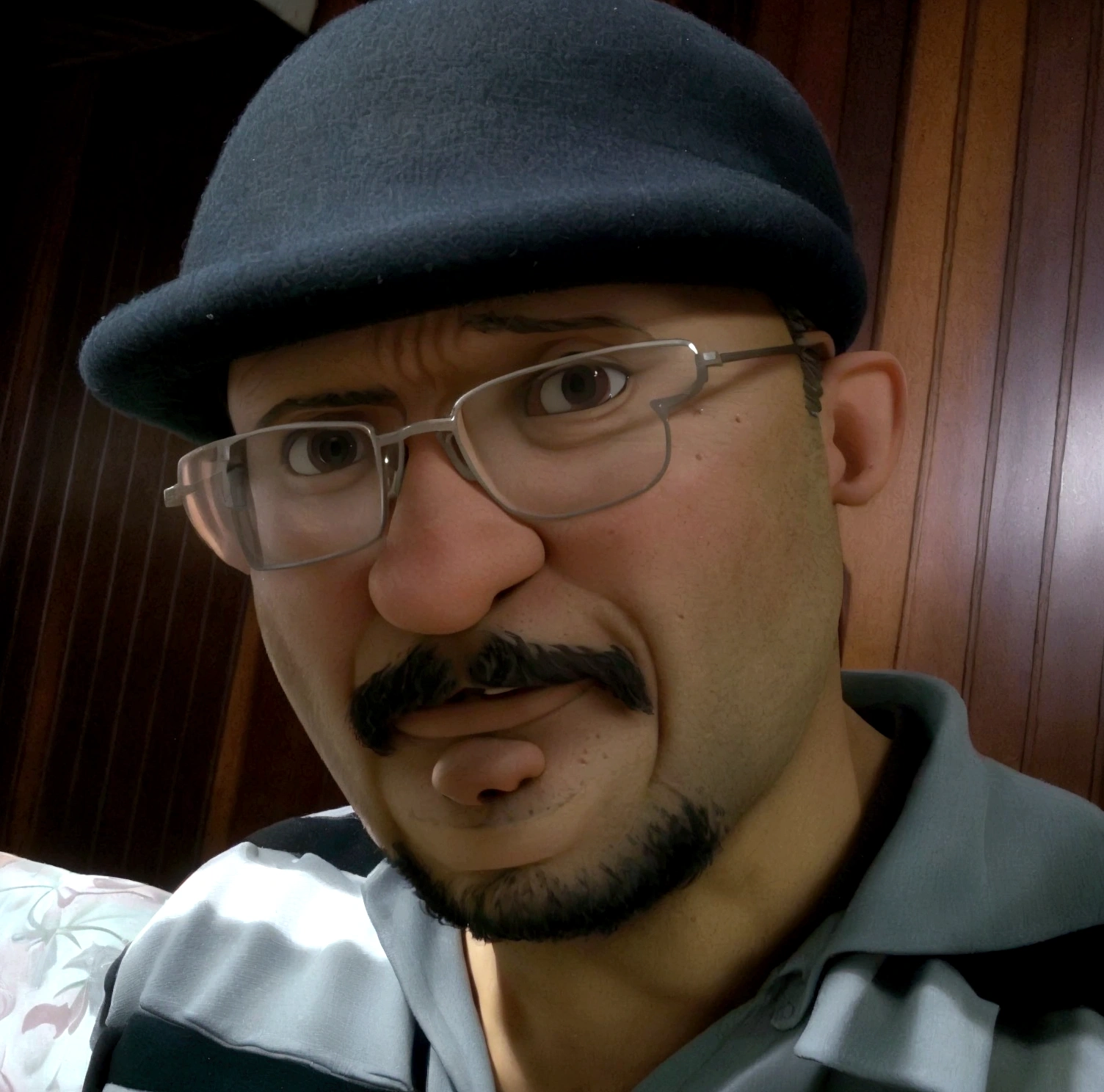 There's a man in glasses and hat sitting on a couch, André Rios, vitor maristane, with glasses and goatee, salustiano garcia cruz, Herald Ortega, eloymorales, punishment, david rios ferreira, photo realist, carlos ortega elizalde, ivan bolivian, José Miguel Roman France