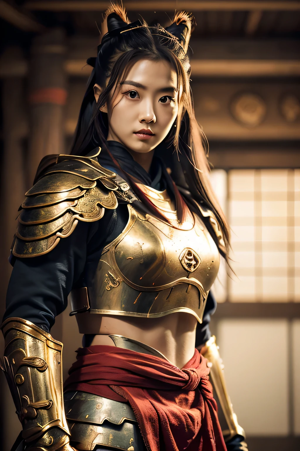 ulzzang-6500-v1.1,(Masterpiece, BestQuality:1.3),(Top image quality,8K,masterpiece:1.3),Realistic high-quality photos, Cinematic Light, Photorealistic, Super beauty、(femele ninja:1.3), Extremely agile warrior, fitness, intricate-detail, Red Ninja Costume, two swords, Japanese 20 year old girl, (Large Brest:1.3)