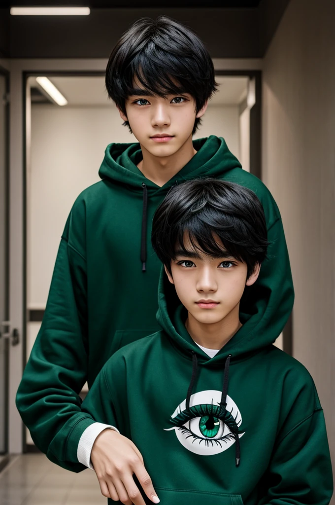 [Panels comics marve] [Male] [17 years old] [Hair style with bangs Natural black color] [Emerald green eyes] [Has a small mole under the eye] [Japanese nationality] [Playful and cheerful personality] [Comic version] [High school] [Black hoodie] [Has eyes that are emerald green sharp]