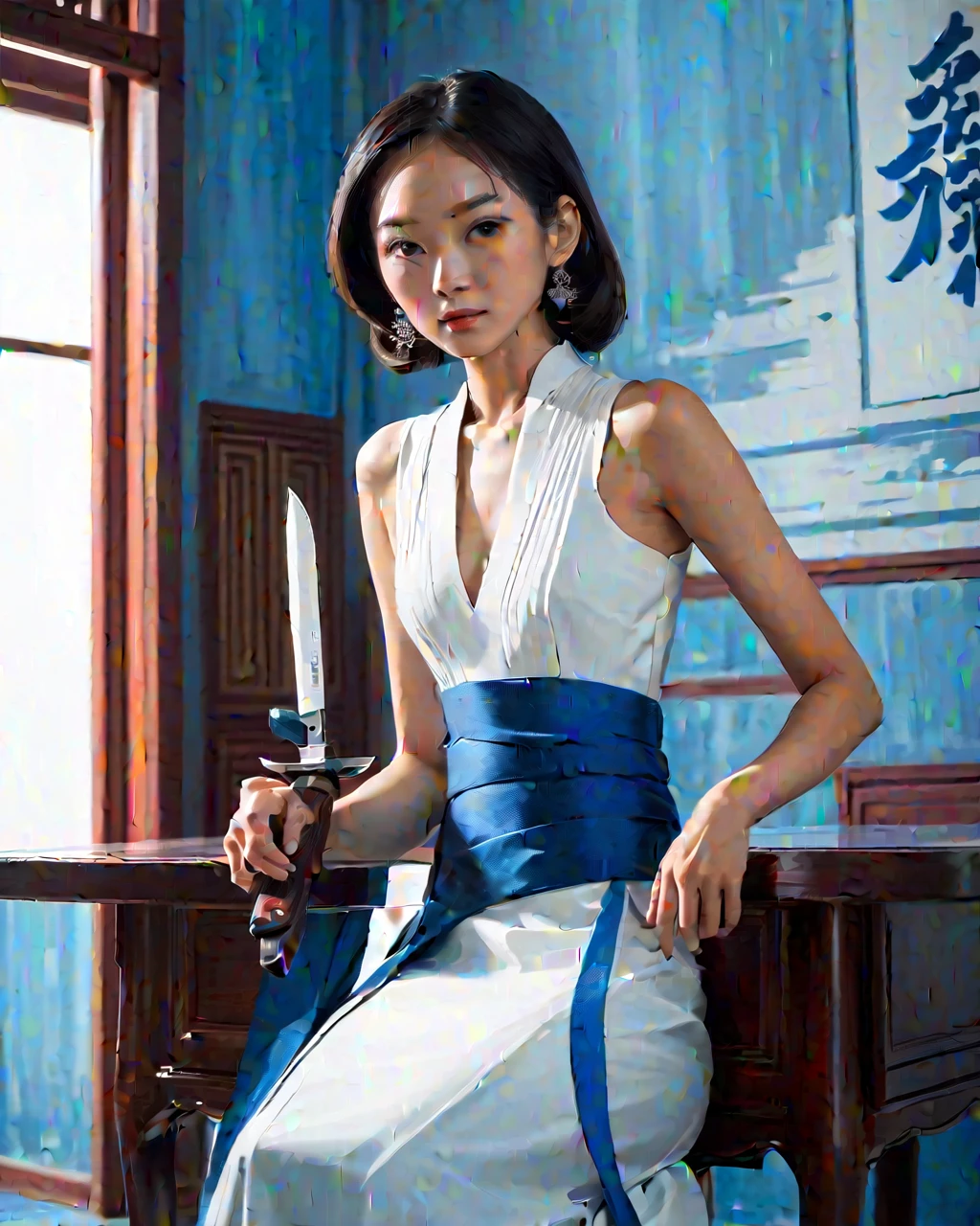 elegant asian woman, closeup, sitting at a table, waring a white and blue dress, holding a knife sideways, arms leaning on the table, looking at the camera, blue and white room