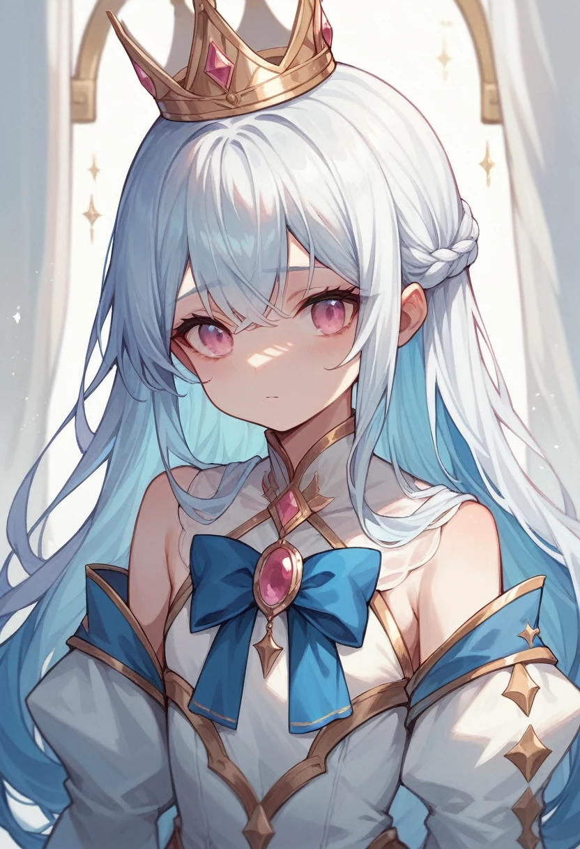 Long Hair Girl,Pure white hair,Blue inner hair, Gold crown,Deep pink eyes,silky clothes,Blue and white outfit,Light blue ribbon around the neck,Young face,See-through bangs