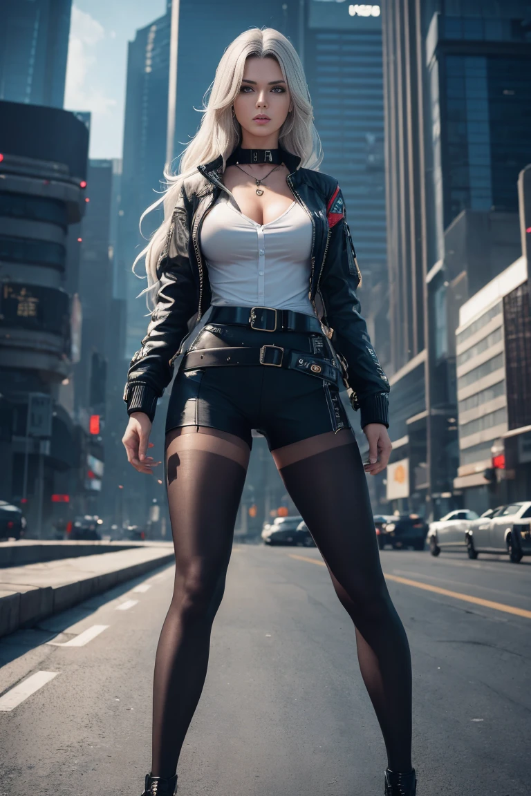 Cyberpunk 2077, (Best quality, High resolution, Masterpiece :1.3), A tall and pretty woman, Slender abs, long grey hair styled in loose waves, Breasts, Wearing pendant, White button up shirt, Belt, Black skirt, (Modern architecture in background), Details exquisitely rendered in the face and skin texture, Detailed eyes, Double eyelid,  full body, (long shot full body view:1.1), (tights:1.2)