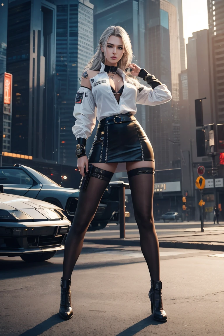 Cyberpunk 2077, (Best quality, High resolution, Masterpiece :1.3), A tall and pretty woman, Slender abs, long grey hair styled in loose waves, Breasts, Wearing pendant, White button up shirt, Belt, Black skirt, (Modern architecture in background), Details exquisitely rendered in the face and skin texture, Detailed eyes, Double eyelid,  full body, (long shot full body view:1.1), (tights:1.2)