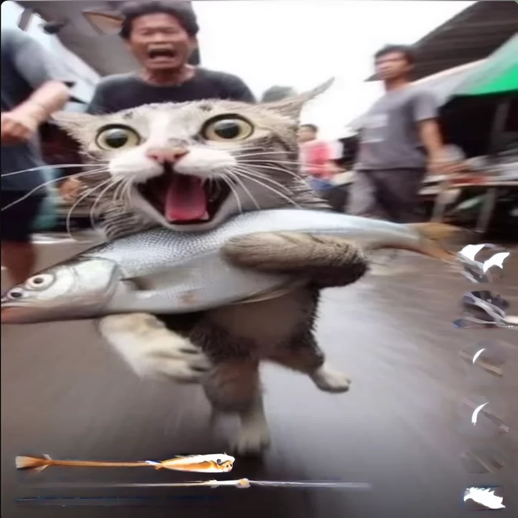 there is a cat that is holding a fish in its mouth, fish in the background, !!! cat!!!, funny cat, awesome cat, real-life tom and jerry, !!!! cat!!!!, cat photo, happy cat, very excited, scary fish, shark cat hybrid, running cat, [ realistic photo ]!!, running towards the camera, 9gag, national geographic footage