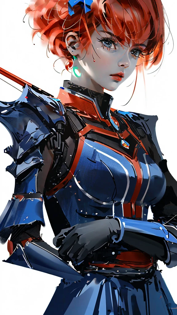 by Wlop, (Masterpiece), (Highest quality:1.3), (Highest Detailed:1.4), A red-haired woman in a forest scene, wearing leather armor and a blue skirt, draws back a bow and arrow, aiming at an off-screen target. She has a determined expression on her face, and the scene suggests a battle is taking place.,(simple background, white background:1.3),multiple views, 8K RAW