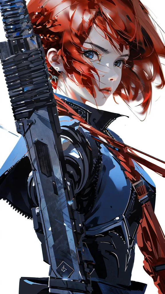 by Wlop, (Masterpiece), (Highest quality:1.3), (Highest Detailed:1.4), A red-haired woman in a forest scene, wearing leather armor and a blue skirt, draws back a bow and arrow, aiming at an off-screen target. She has a determined expression on her face, and the scene suggests a battle is taking place.,(simple background, white background:1.3),multiple views, 8K RAW